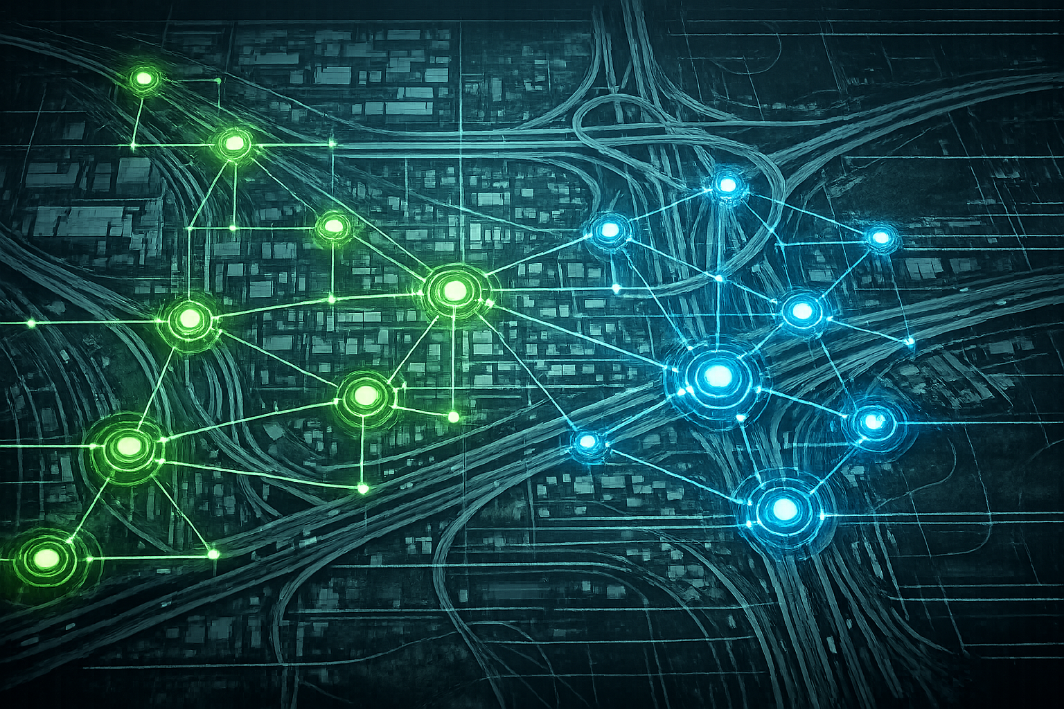 High-level architectural network visual of electric charging nodes connected across a stylised urban and motorway grid. Nodes glow subtly in green and electric blue.