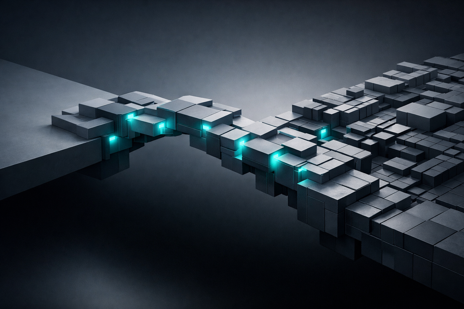 Modern bridge constructed from interlocking geometric blocks suspended over negative space. One side labelled conceptually (not literally) as strategy — clean, minimal plane. Other side: structured operational grid. The bridge glows subtly at connection points, showing flow continuity.