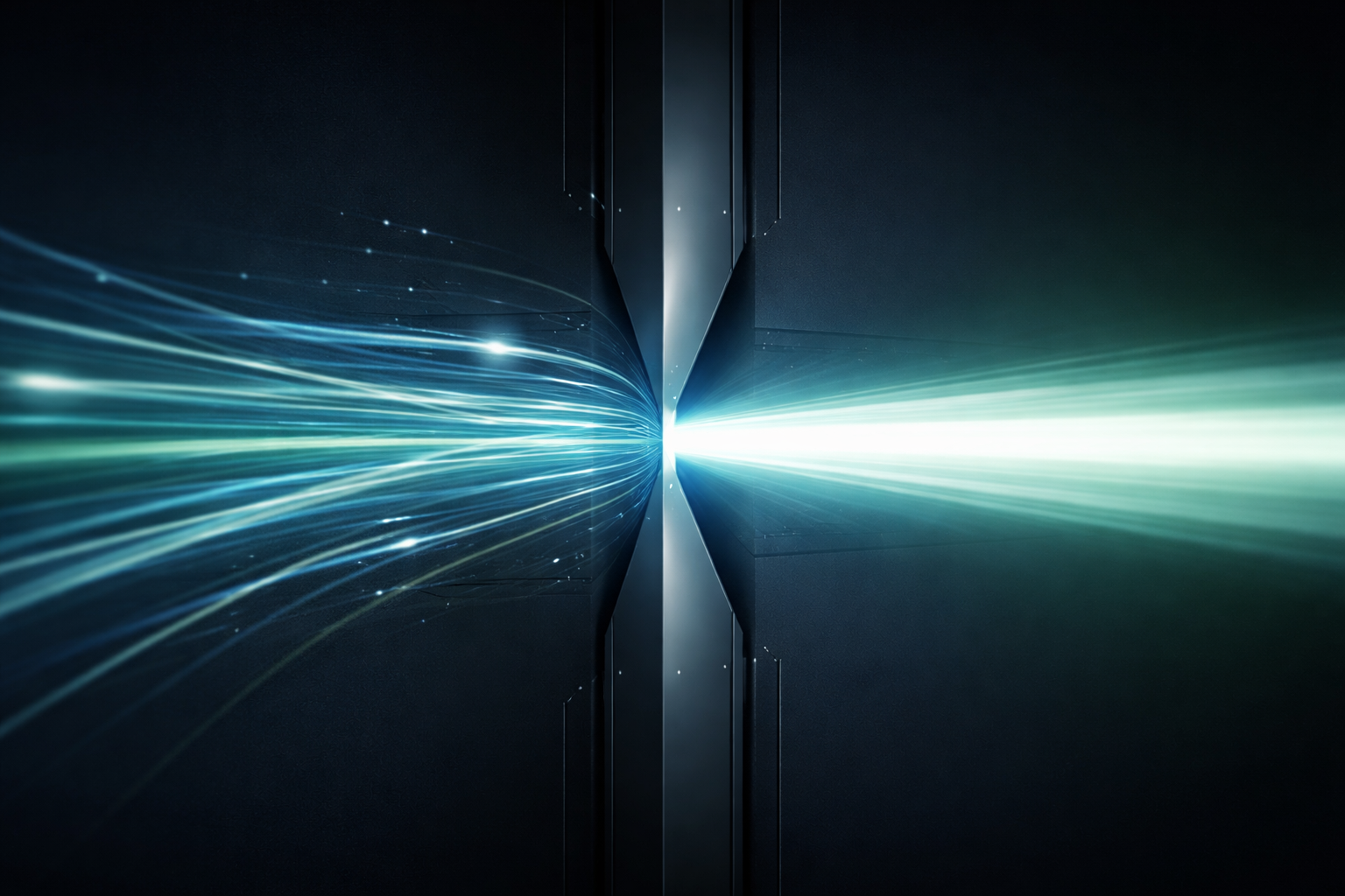Abstract systems map showing a controlled flow of luminous lines moving through a narrowing constraint and emerging as a single strong beam of light. The constraint is architectural — like a precision aperture in a steel wall. Before the constraint: multiple diffuse lines. After: focused, intensified output.