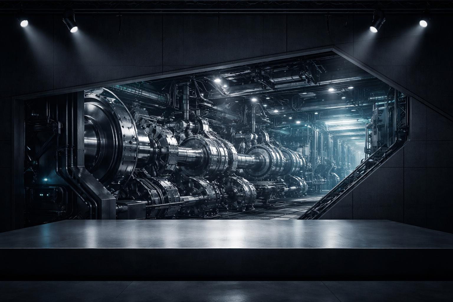 Split-scene conceptual image. Foreground: polished stage lighting illuminating an empty platform. Background (subtly visible through architectural cutaway): industrial engine room with interlocking precision mechanisms driving motion.