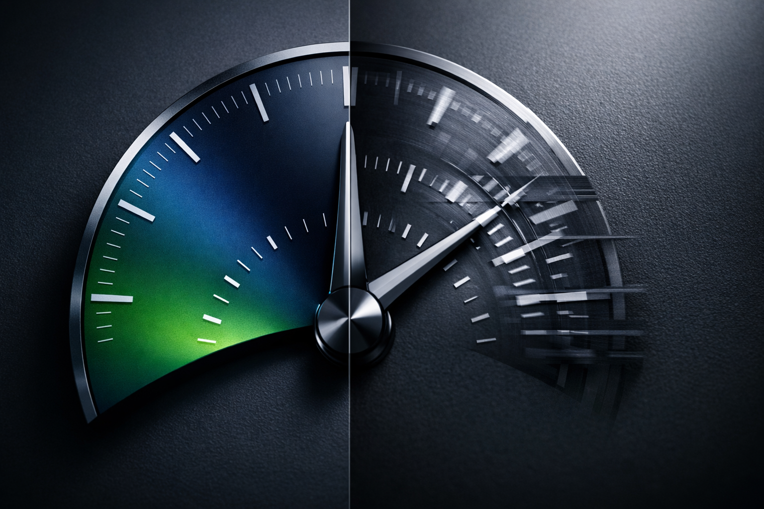 executive visual showing a precision-engineered dial split into two halves. Left side: clean, calibrated instrument panel with clearly aligned markers and smooth gradients in deep blue and green. Right side: the same instrument misaligned, overlapping indicators, subtle distortion and visual noise.