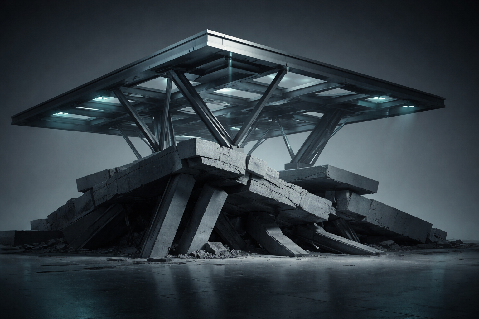 Abstract architectural structure with elegant upper framework resting on unstable, fragmented base components. Clean modern steel beams above, but lower foundation shows misaligned supports and subtle cracks.
