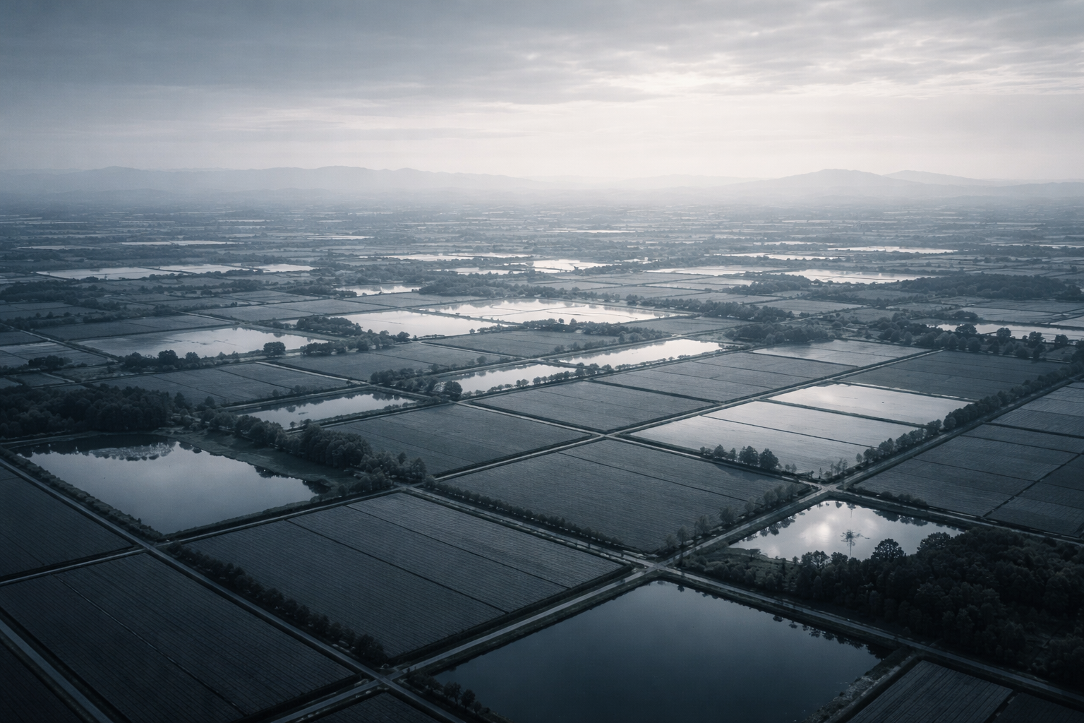A calm, executive-grade visual representing systems thinking and long-term perspective. A structured landscape viewed from above, with clear patterns and order emerging over distance