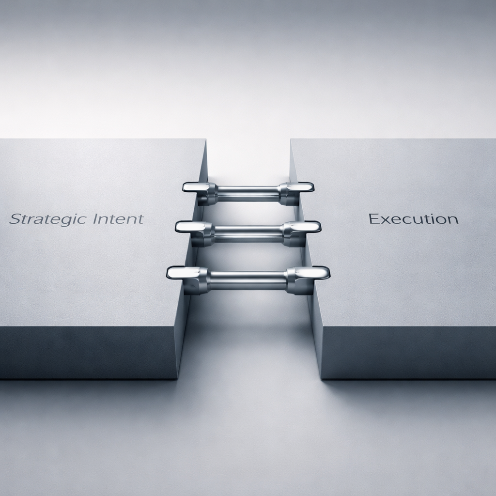 A minimalist visual showing two clean architectural platforms separated by a narrow gap. The left platform is labelled “Strategic Intent", the right platform “Execution". The gap between them is being closed by a small number of precise, engineered connectors, aligned and intentional, suggesting system design rather than effort.