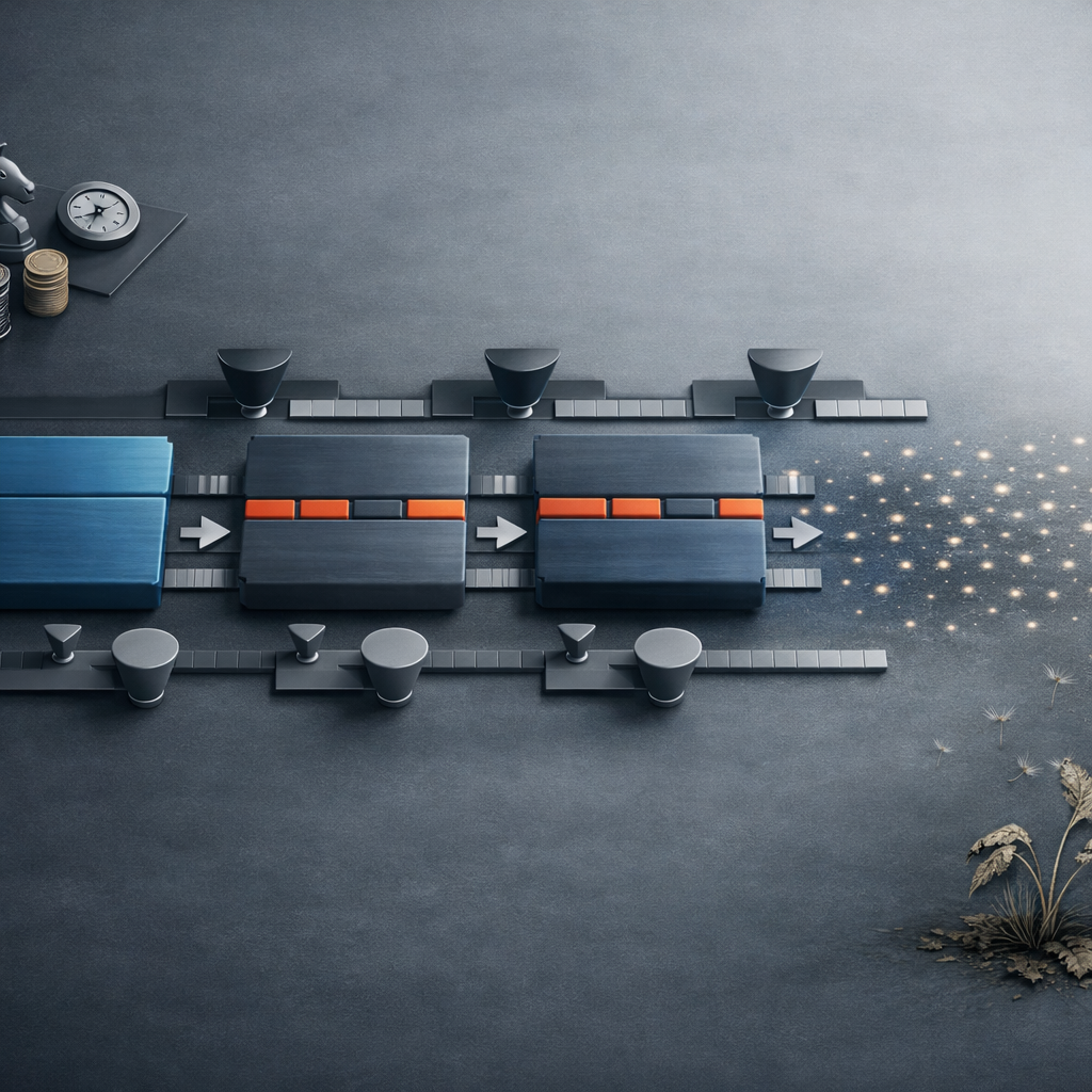 Abstract image showing a system of work from a top-down perspective. Work moves through the system in large batches that stretch the flow horizontally, causing value to thin and decay as time passes, representing cost of delay