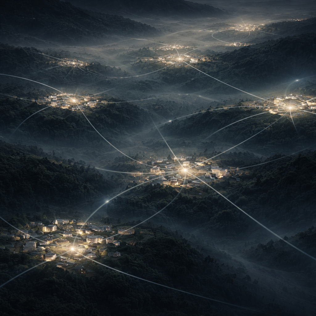 The image shows a federated system of work viewed from above, composed of multiple semi-independent domains arranged across a landscape.

Each domain is active and well-structured locally, but directional signals are faint, inconsistent, or diffuse as they move across the system.
Paths exist, but they do not clearly converge on a single, shared direction, creating subtle divergence rather than overt conflict.
The system feels orderly and purposeful at a local level, yet globally misaligned â€” progress depends on interpretation rather than clarity.
The composition suggests that alignment is possible once a shared map and stronger signals are introduced.