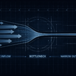 A architectural systems diagram showing a wide inflow narrowing into a single constrained bottleneck
