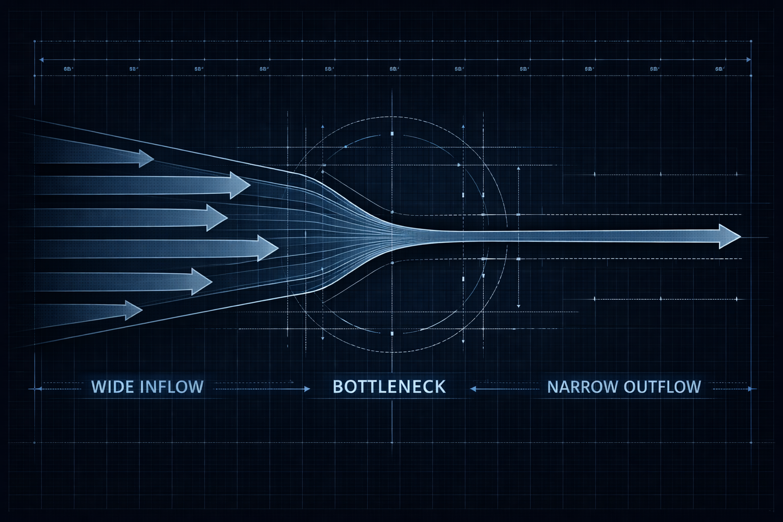 A architectural systems diagram showing a wide inflow narrowing into a single constrained bottleneck