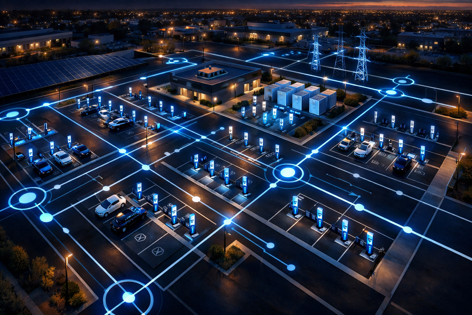 Aerial view of an EV charging network at dusk with geometric grid-like layout, subtle overlay of abstract systems diagram lines representing strategic flow. 