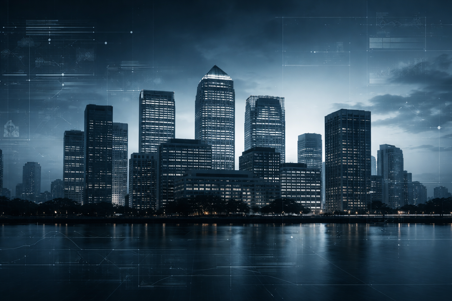 Abstract image of Canary Wharf from across the river with financial data overlaid.