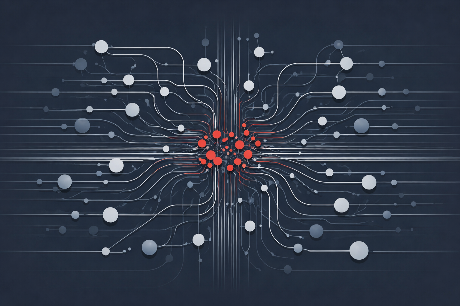 Abstract systems map inspired by financial infrastructure: layered nodes and pathways becoming increasingly congested toward the centre.