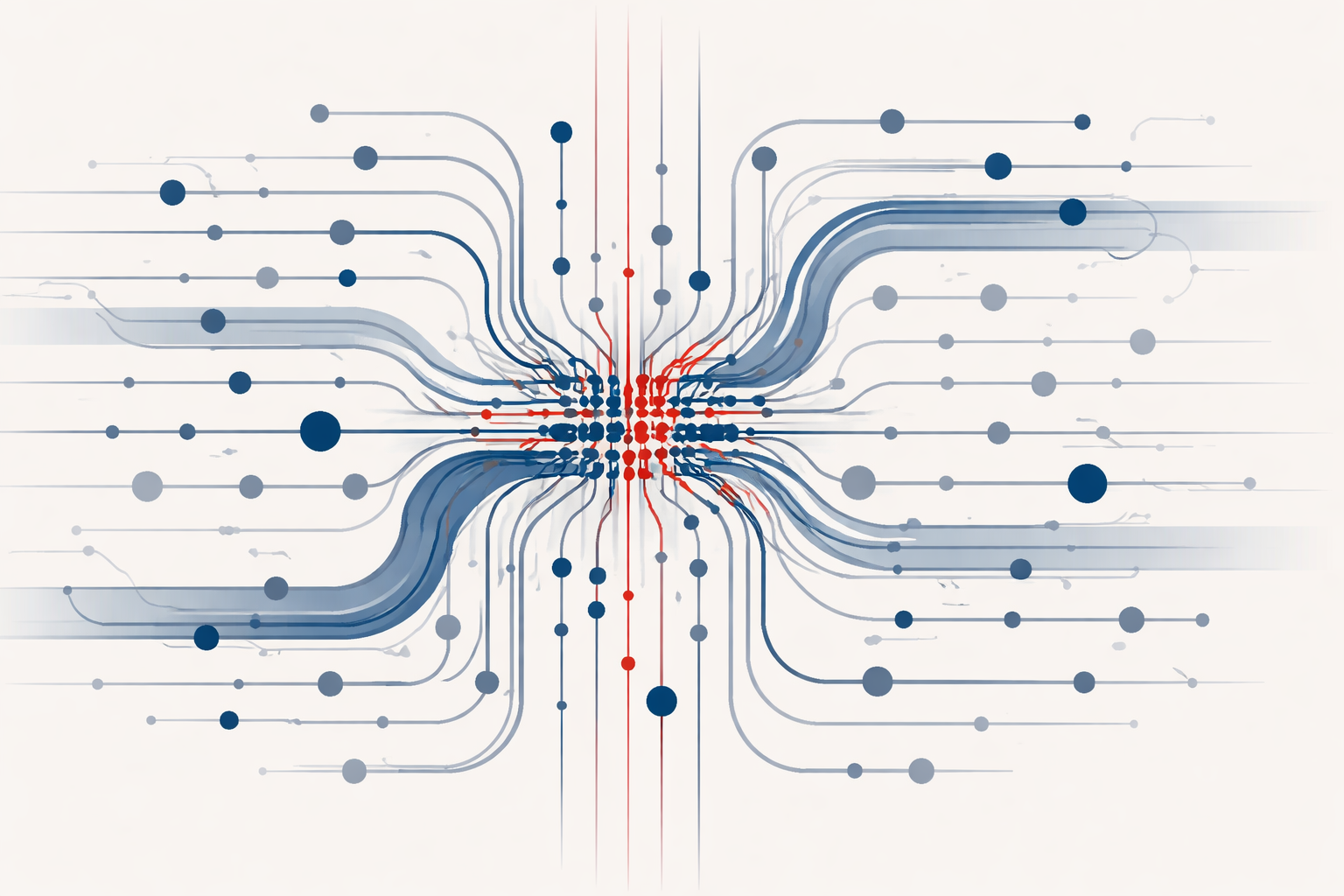 Abstract systems map inspired by financial infrastructure: layered nodes and pathways becoming increasingly congested toward the centre.