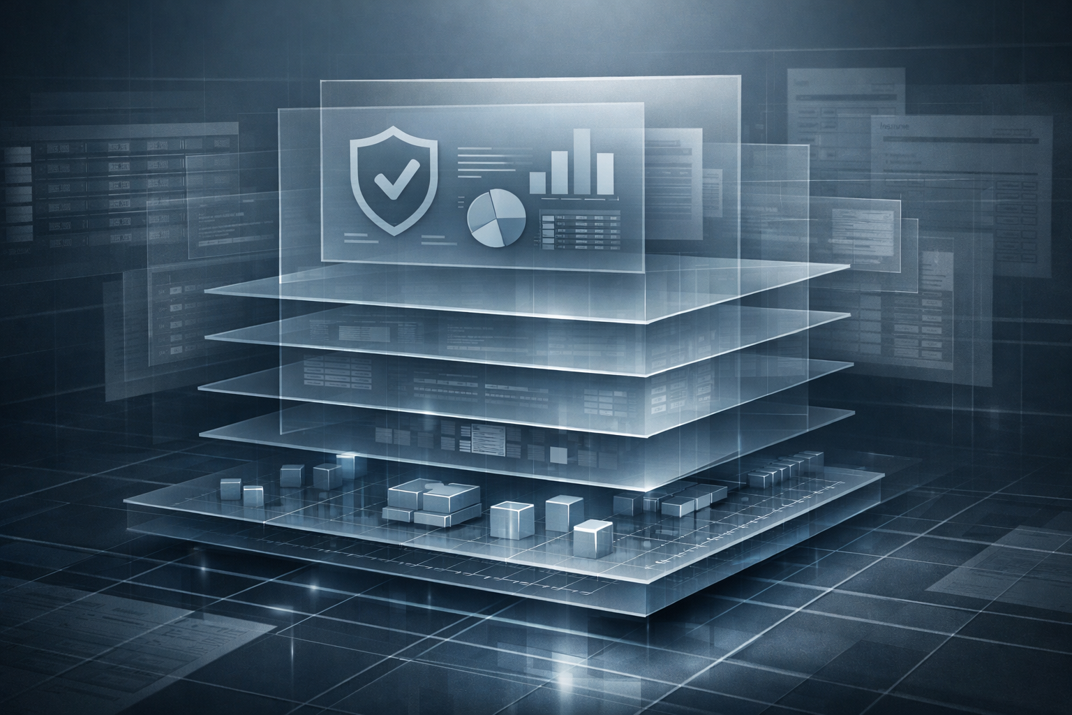 Abstract layered data architecture representing insurance systems: structured grids, stacked translucent panels, faint document and ledger motifs subtly embedded.