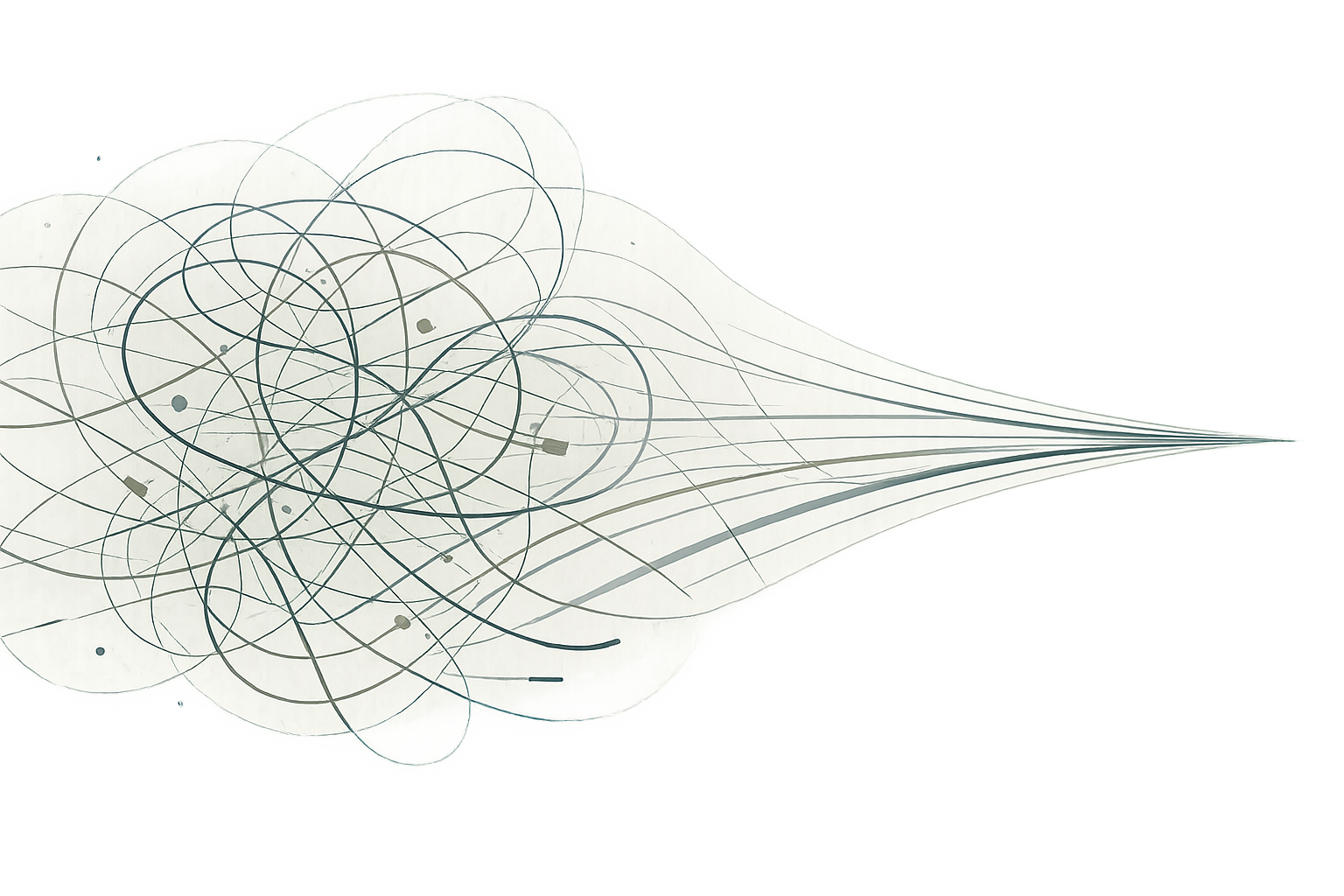Abstract systems image showing the difference between motion and momentum. On one side, dense overlapping paths, loops, and fragmented vectors suggesting activity without progress. On the other, a small number of clearly constrained, aligned paths converging toward a single direction. The transition between the two is subtle, not split-screen.