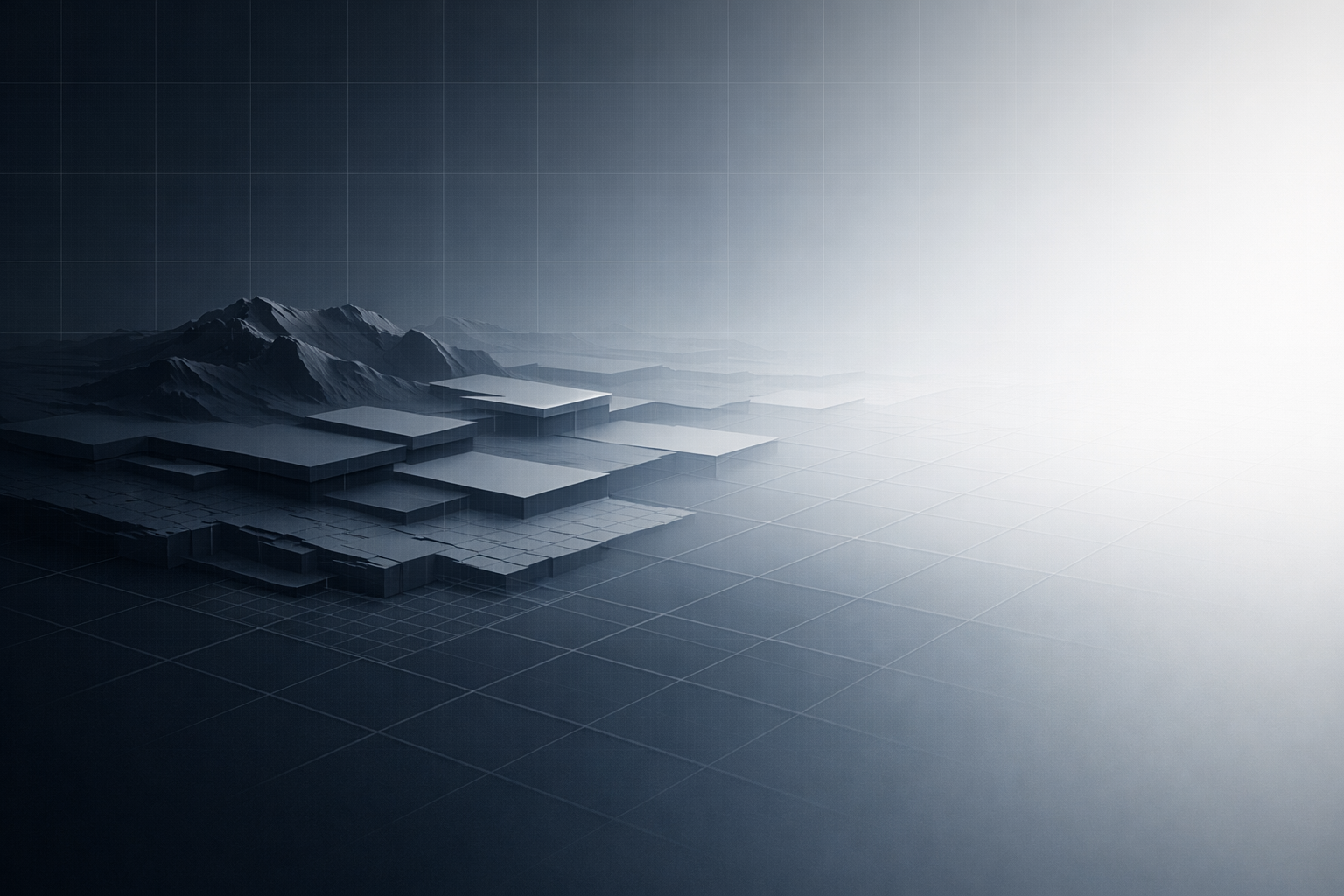 A minimalist, high-contrast strategic landscape visual inspired by Wardley Mapping.
Abstract terrain viewed from above, fading from left to right to suggest evolution over time.