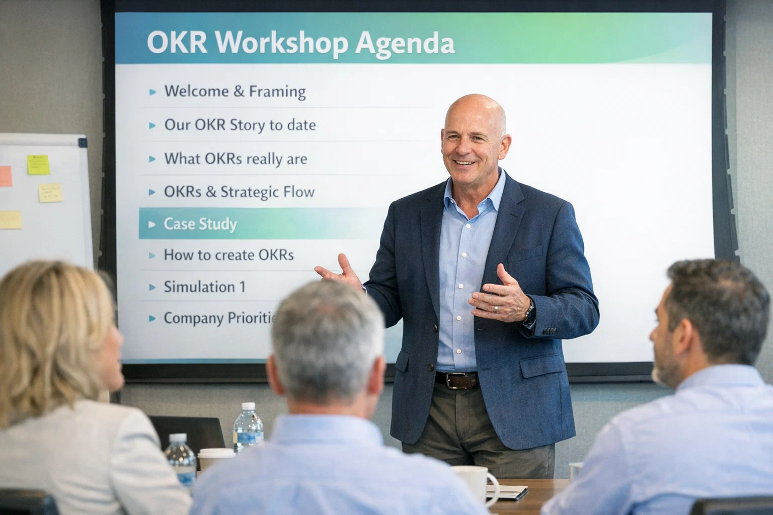 A facilitator - clean shaved head, late 50s, dressed in smart casual attire - leads a workshop on effective OKRs for a leadership team. Some of the leadership team are visible in the image. Behind the presenter a slide is showing on a screen. The title of the slide is "OKR Workshop Agenda" and a list of agenda items below that read:s Welcome & Framing; Our OKR Story to date; What OKRs really are; OKRs & Strategic Flow; Case Study; How to create OKRs; Simulation 1; Company Priorities.