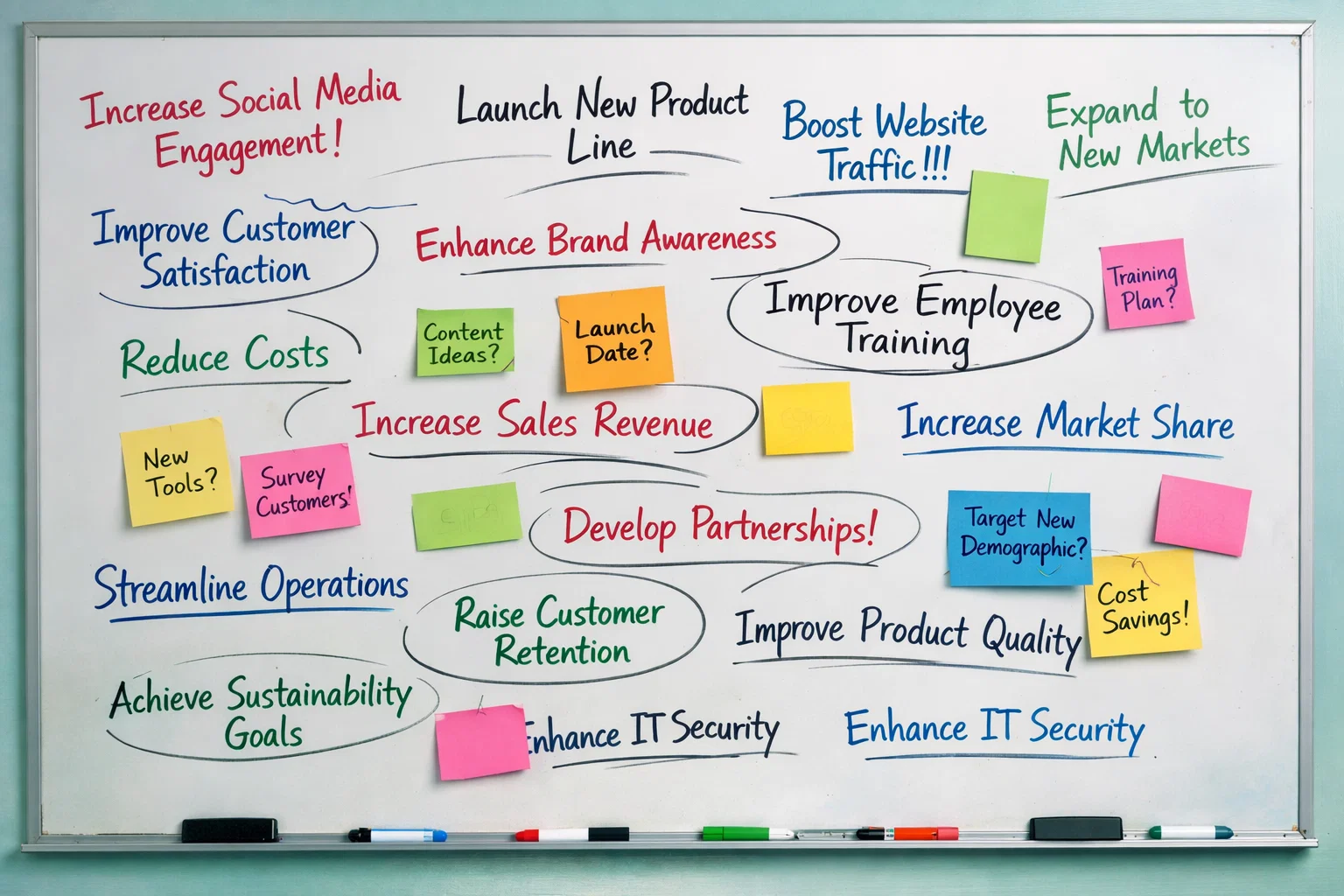 A whiteboard crowded with disconnected, overlapping objective statements with no clear hierarchy and no visible link to strategy.