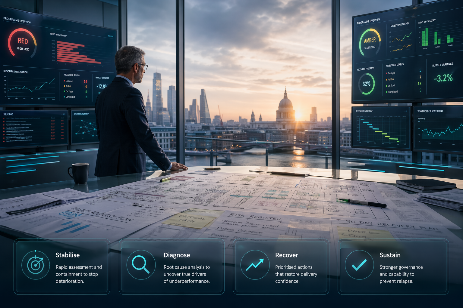 A large modern operations control room overlooking London at dawn, showing a major project in distress being stabilised. On a central glass table lies a large architectural blueprint covered with project plans, risk documents, milestone charts, and handwritten recovery notes. A senior transformation specialist stands calmly reviewing the situation while digital screens show red warning signals gradually shifting toward stability.