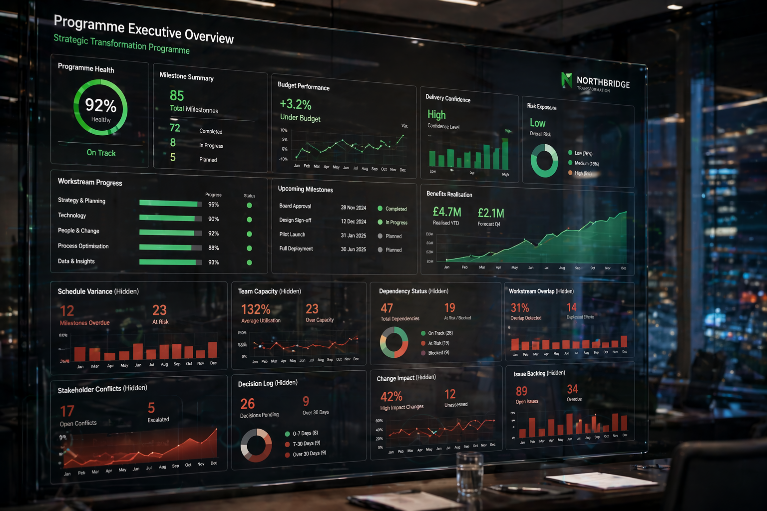 Close-up of a polished executive boardroom dashboard presentation showing green programme health indicators, positive KPIs, and successful milestone reporting. In the reflection of the glass screen o, hidden issues become visible: missed deadlines, overloaded teams, unresolved dependencies, duplicated workstreams, stakeholder conflicts, and delayed decisions. Sophisticated modern corporate setting, realistic lighting, subtle cyan and green brand accents. Symbolic of misleading reporting and hidden execution failure in major transformation programmes. No dramatic expressions or cliché office reactions.