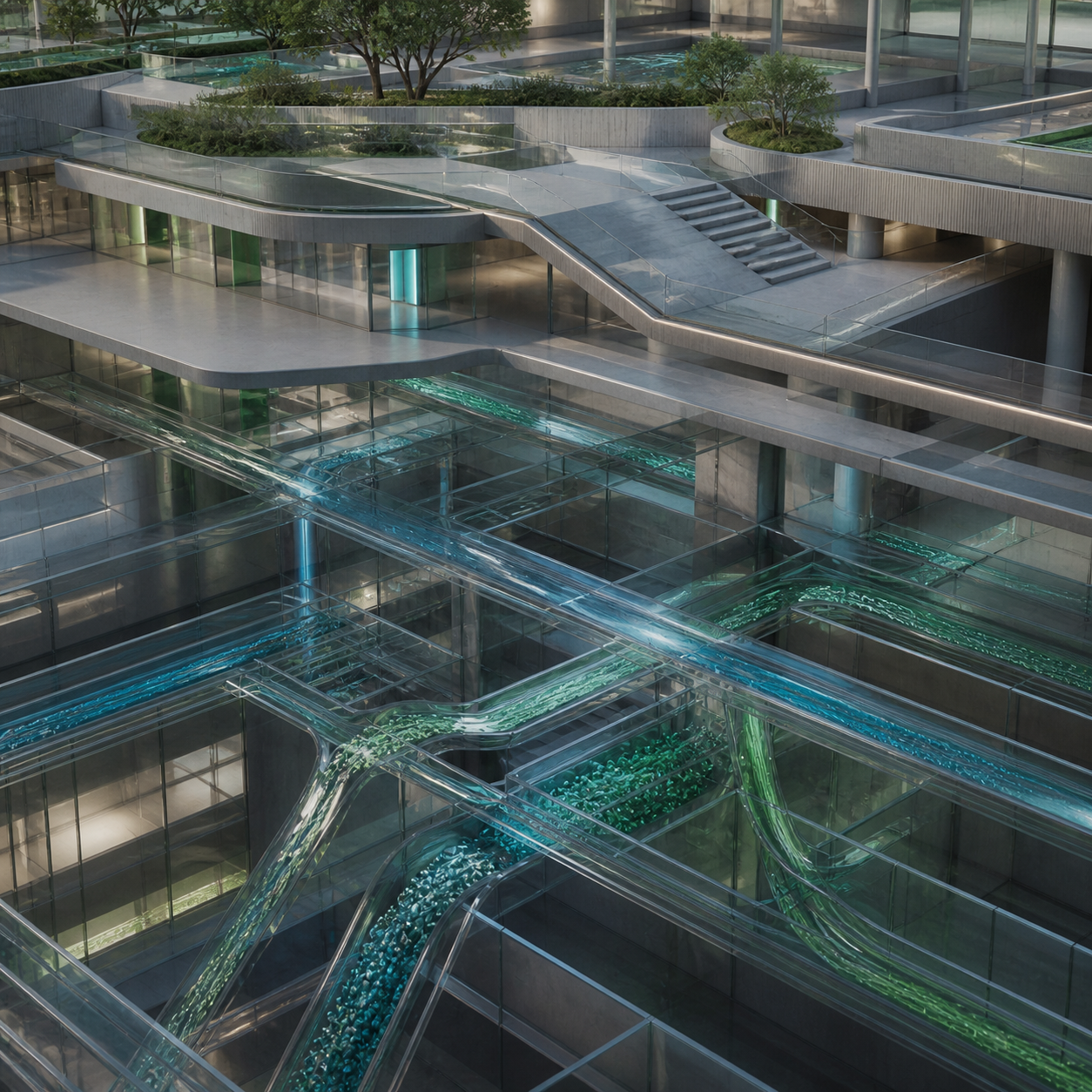 a complex organisational system represented as layered pathways and structures. On the surface, everything appears clean and well-organised. Beneath the surface, visible through subtle transparency, multiple disconnected flows intersect, collide, and queue at hidden bottlenecks. Work accumulates unevenly in certain areas while other parts remain underutilised. The system feels over-engineered and fragmented rather than broken.