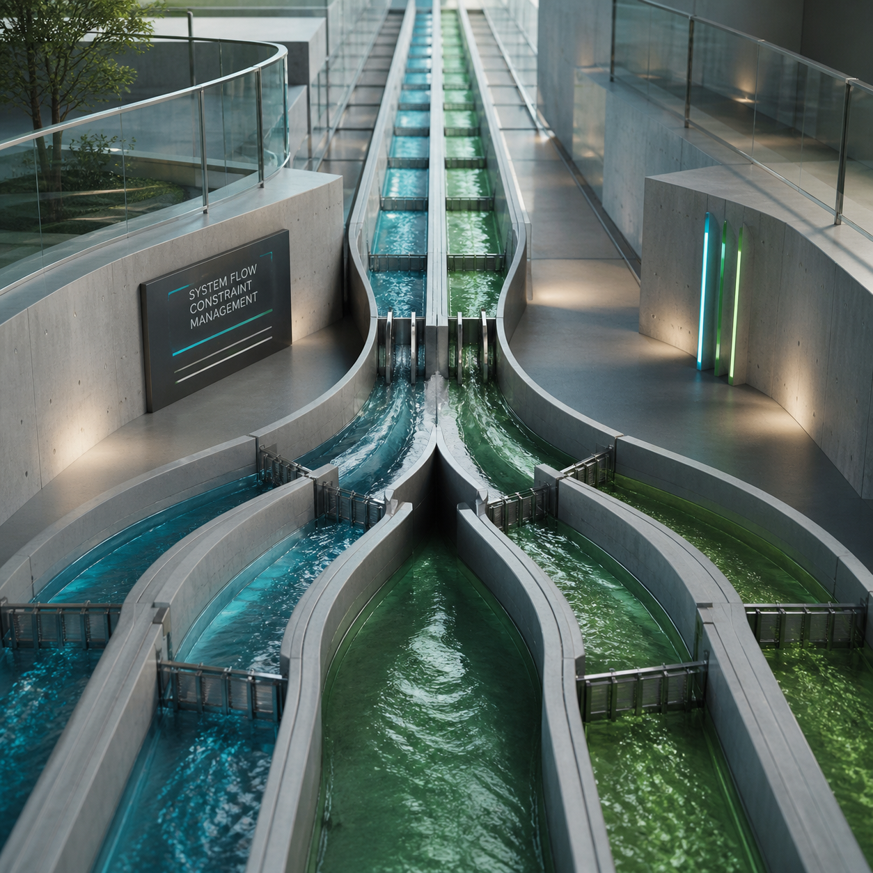 A large, complex system of interconnected pathways moving through a structured environment. Multiple streams of work flow smoothly at first, then converge into a clearly visible constraint where flow slows and reorganises before continuing. The system looks engineered, not chaotic.